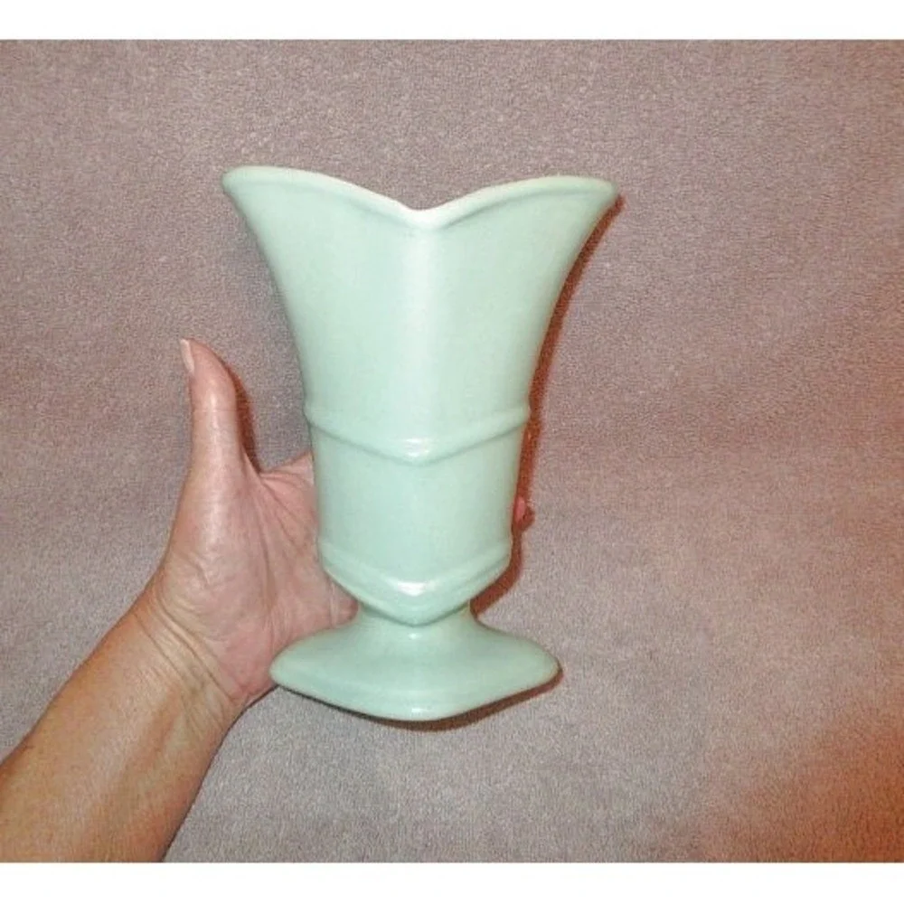 Vintage 1930s Pacific Pottery Vase Aqua Flared Rim Art Deco MCM Chevron USA Made